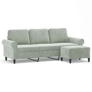 3-Sitzer Sofa mit Hocker Hellgrau Samt
