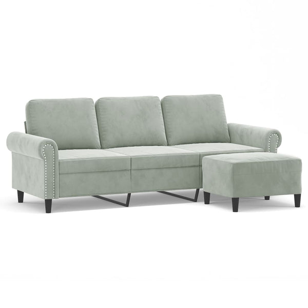 3-Sitzer Sofa mit Hocker Hellgrau Samt