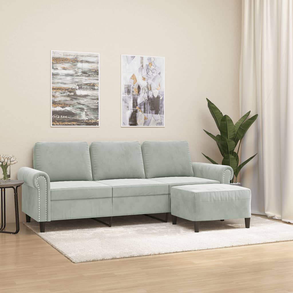 3-Sitzer Sofa mit Hocker Hellgrau Samt