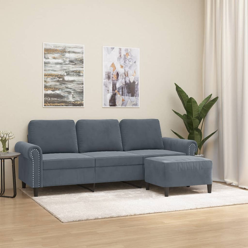 3-Sitzer Sofa mit Hocker Dunkelgrau Samt