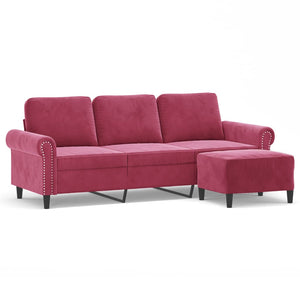 3-Sitzer Samt Sofa mit Hocker Weinrot