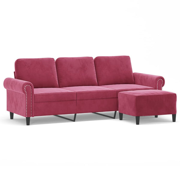 3-Sitzer Samt Sofa mit Hocker Weinrot