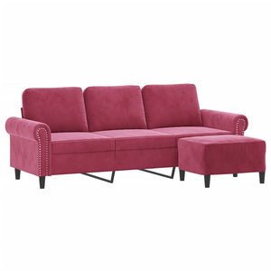 3-Sitzer Samt Sofa mit Hocker Weinrot