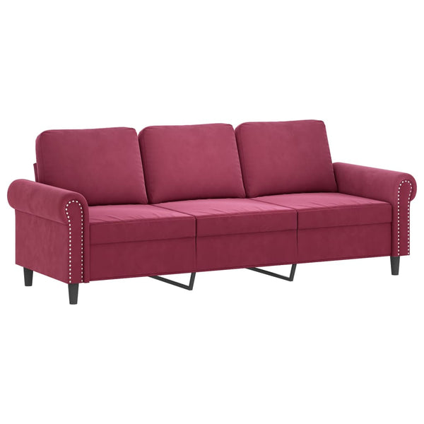 3-Sitzer Samt Sofa mit Hocker Weinrot