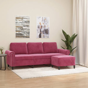 3-Sitzer Samt Sofa mit Hocker Weinrot