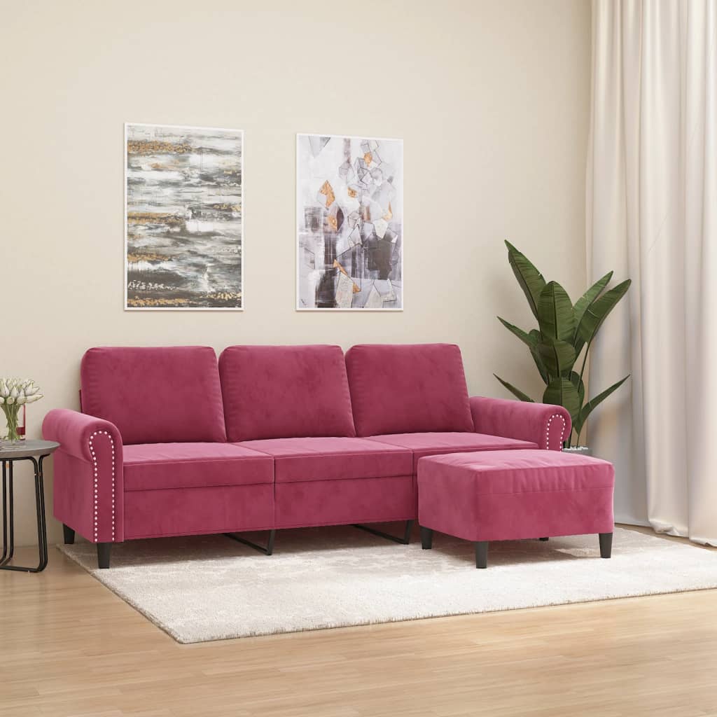 3-Sitzer Samt Sofa mit Hocker Weinrot