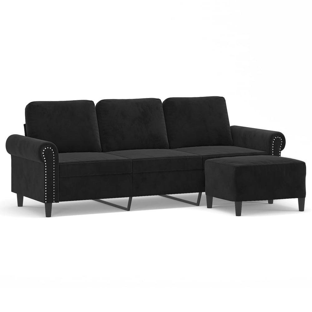 3-Sitzer Sofa mit Hocker Schwarz Samt 180cm