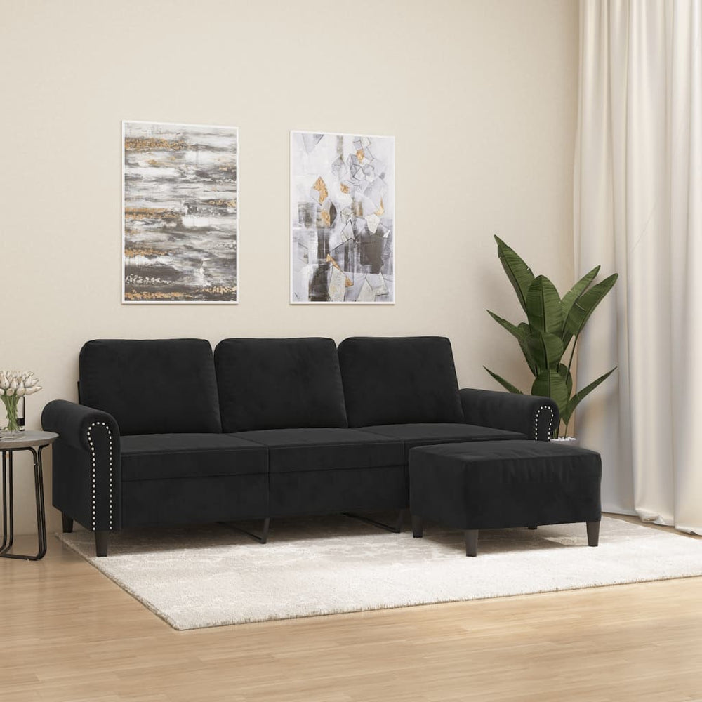 3-Sitzer Sofa mit Hocker Schwarz Samt 180cm