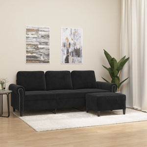3-Sitzer Sofa mit Hocker Schwarz Samt 180cm