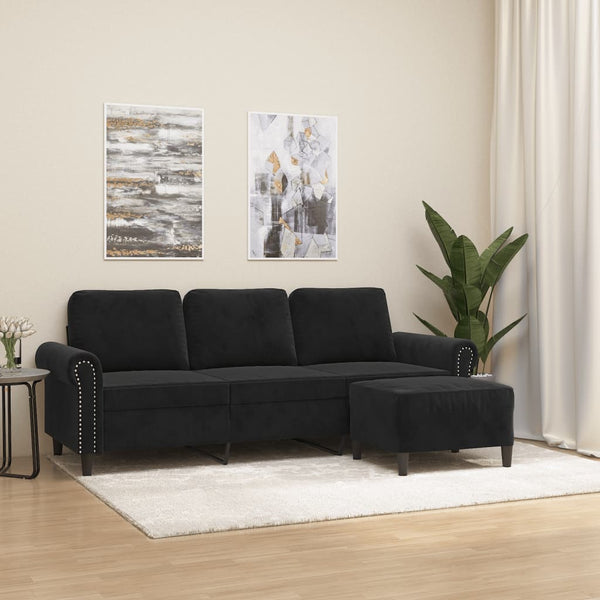 3-Sitzer Sofa mit Hocker Schwarz Samt 180cm