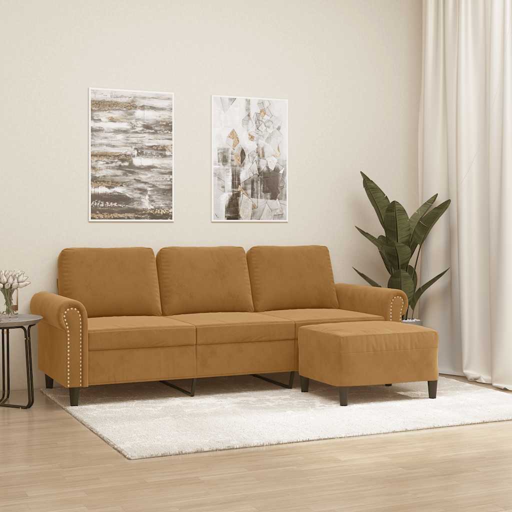 3-Sitzer Sofa mit Hocker Braun Samt