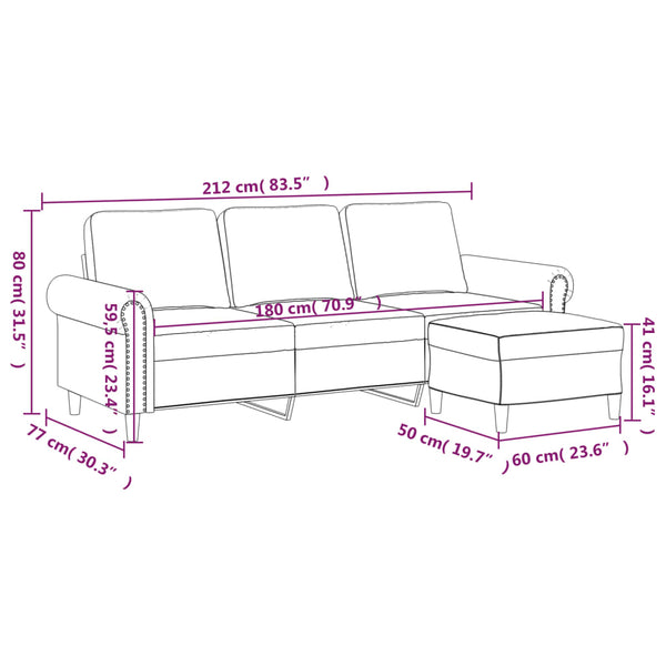 vidaXL Canapé 3 places avec pouf crème 180 cm velours