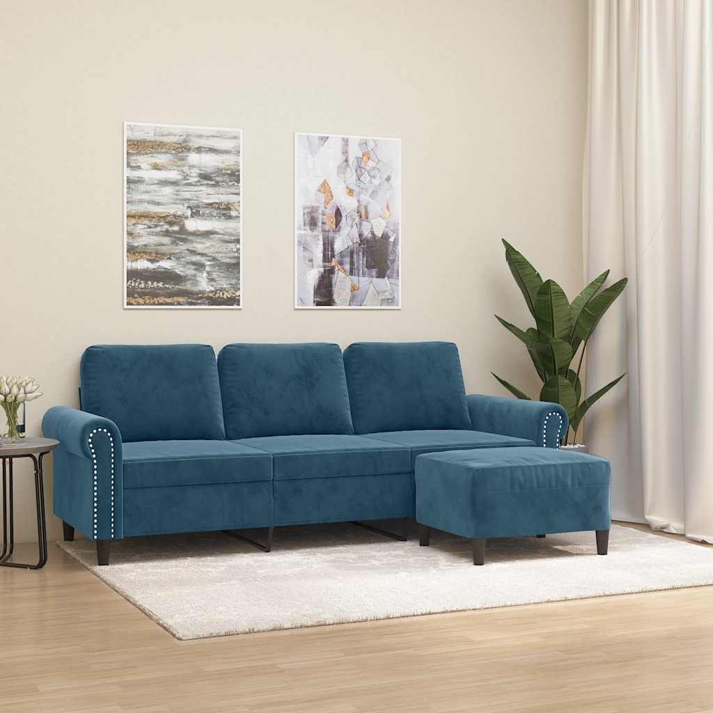 vidaXL Canapé 3 places avec pouf Velours bleu 180 cm