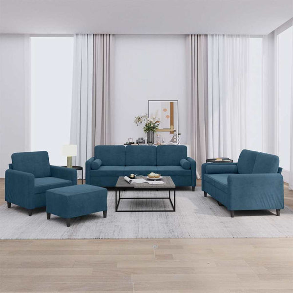 4-tlg. Sofagarnitur Blau Samt mit Kissen
