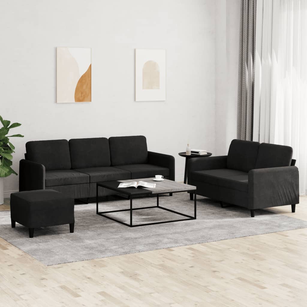 3-tlg. Sofa Set Schwarz Samt