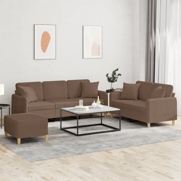 3-teilige Sofagarnitur Braun Stoff mit Kissen