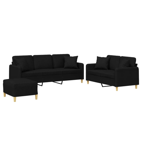 3-tlg. Sofagarnitur mit Kissen, Schwarz