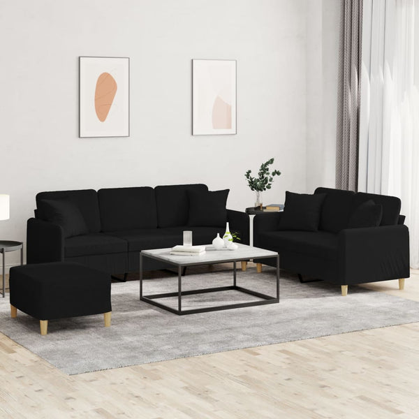 3-tlg. Sofagarnitur mit Kissen, Schwarz