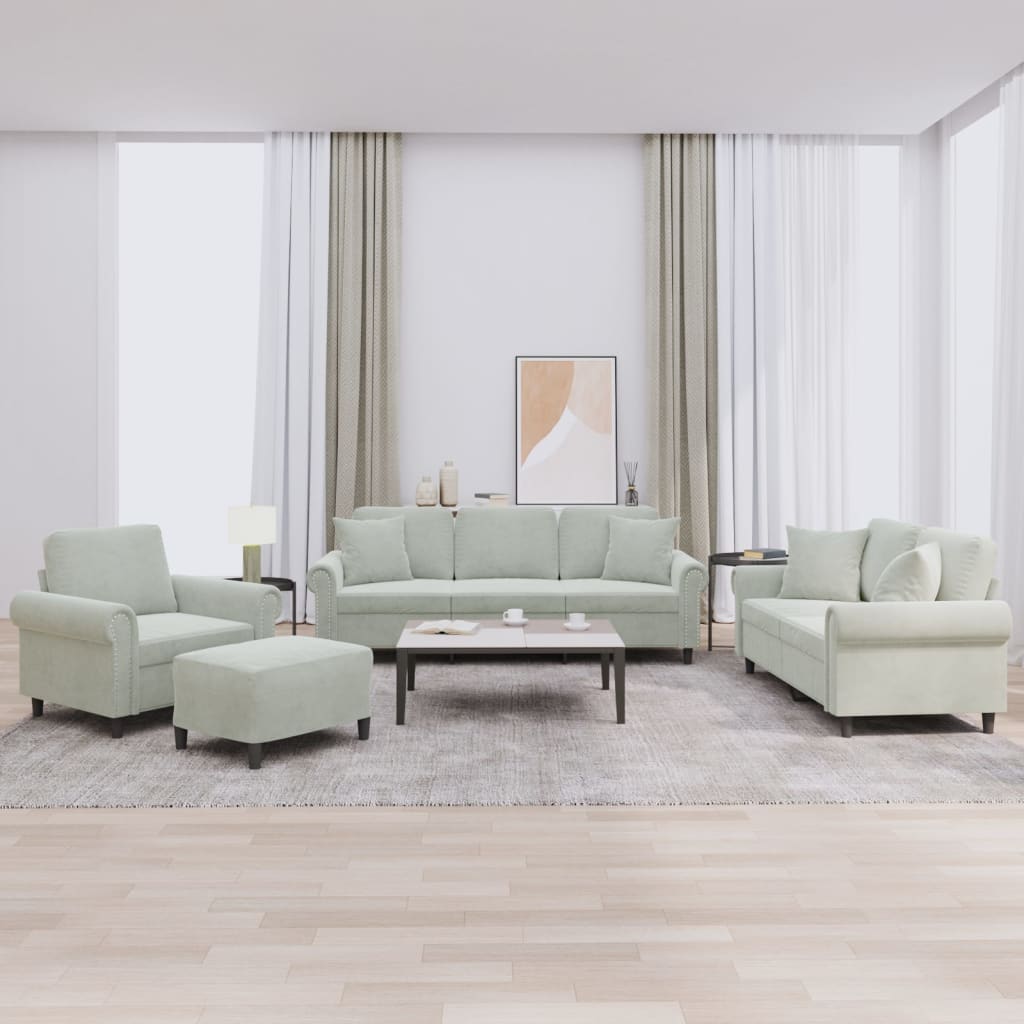 vidaXL 4-Piece Sofa Set with Cushions Light Gray Velvet