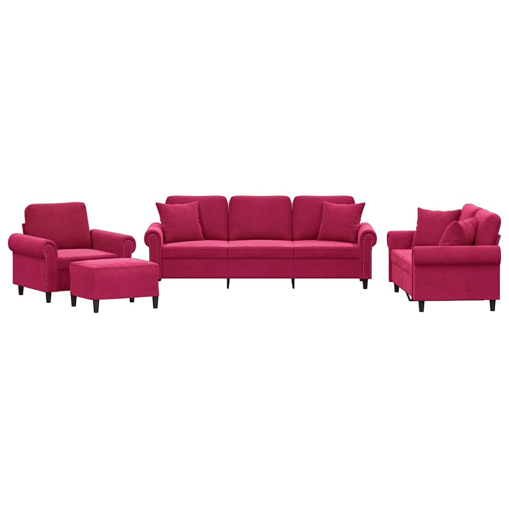 vidaXL 4-Piece Sofa Set with Cushions Wine Red Velvet