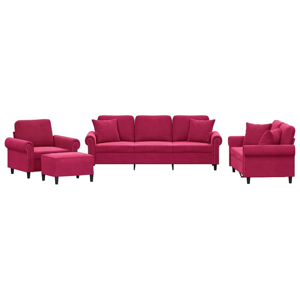 vidaXL 4-Piece Sofa Set with Cushions Wine Red Velvet