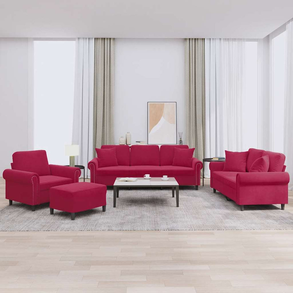vidaXL 4-Piece Sofa Set with Cushions Wine Red Velvet