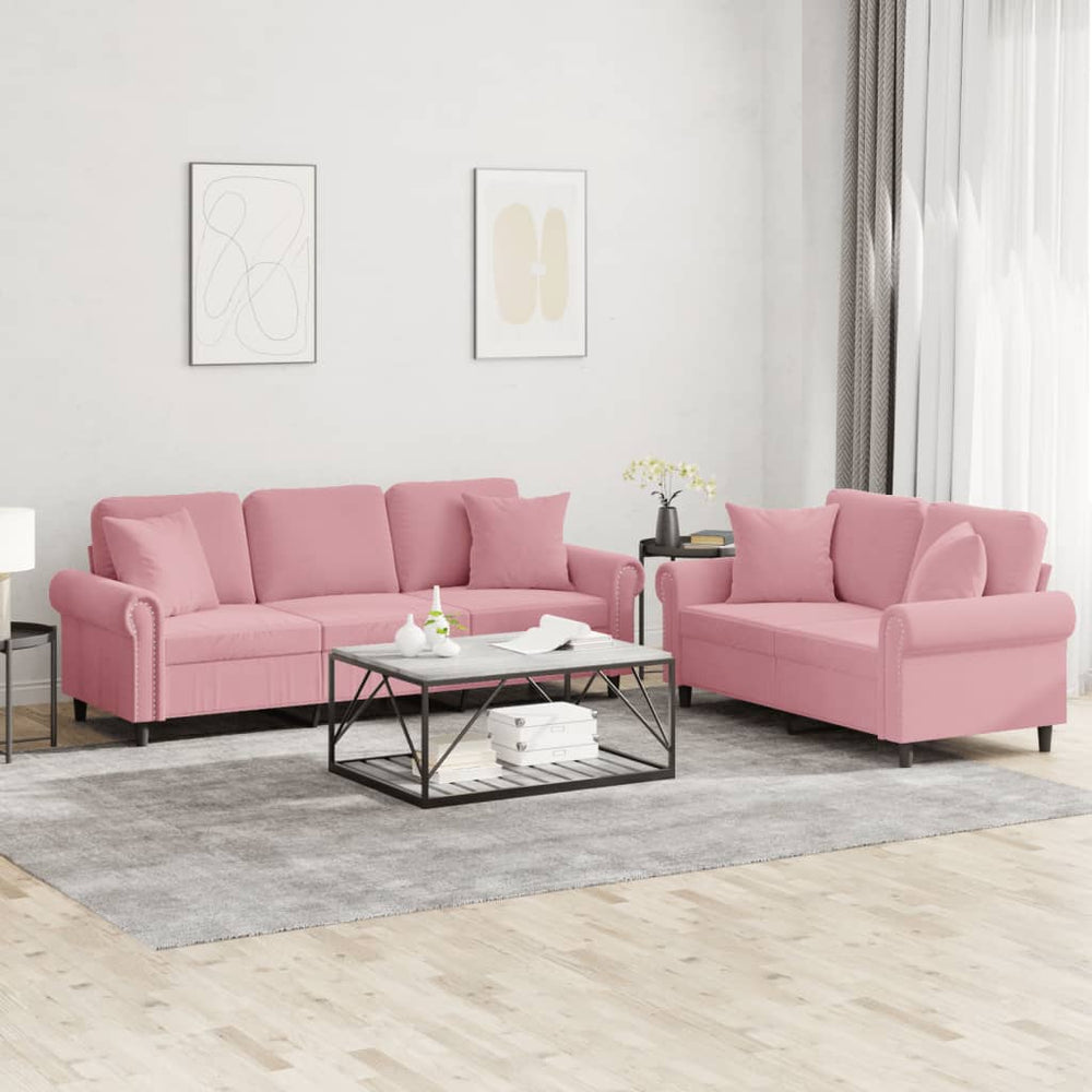 2-teilige Sofagarnitur Rosa Samt mit Kissen