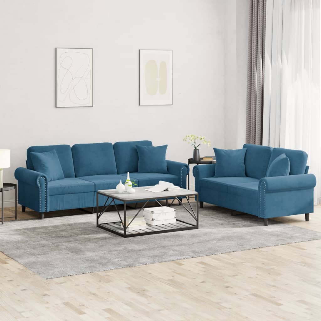 2-tlg. Sofa Set Blau Samt mit Kissen
