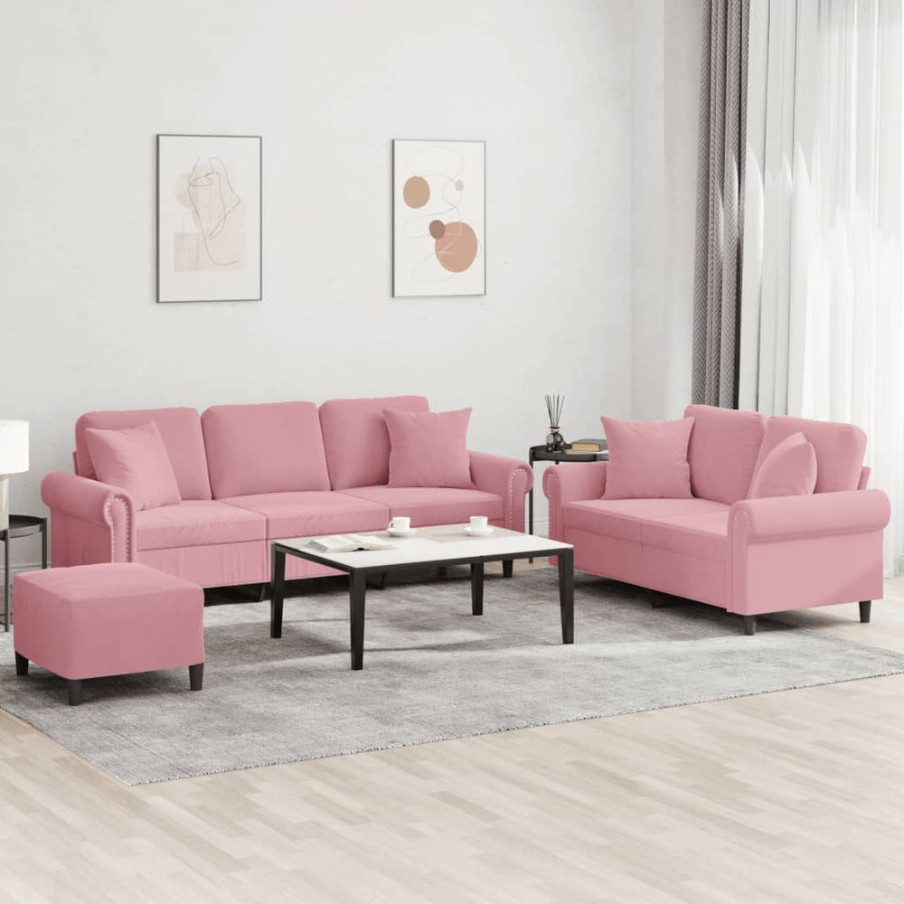 3-tlg. Sofagarnitur Rosa Samt mit Kissen