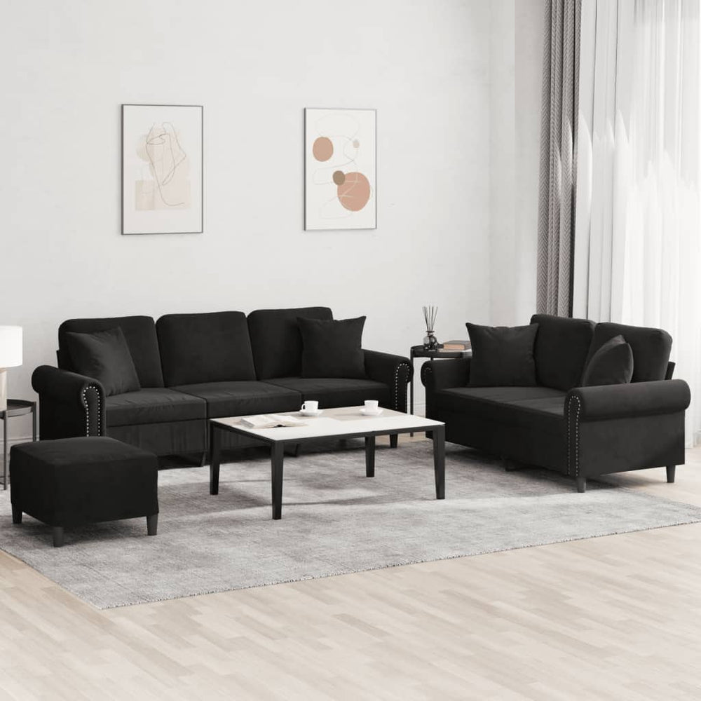 3-tlg. Sofagarnitur Schwarz Samt mit Kissen