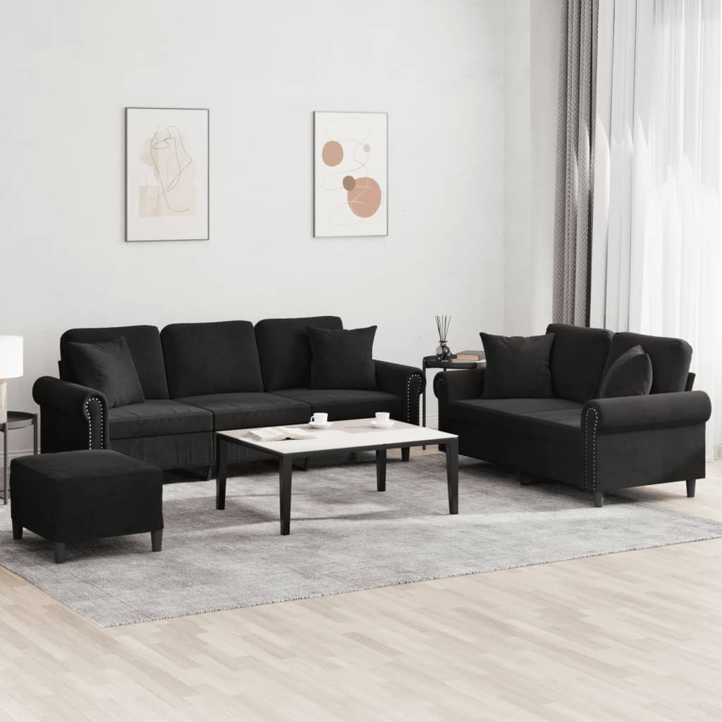 3-tlg. Sofagarnitur Schwarz Samt mit Kissen