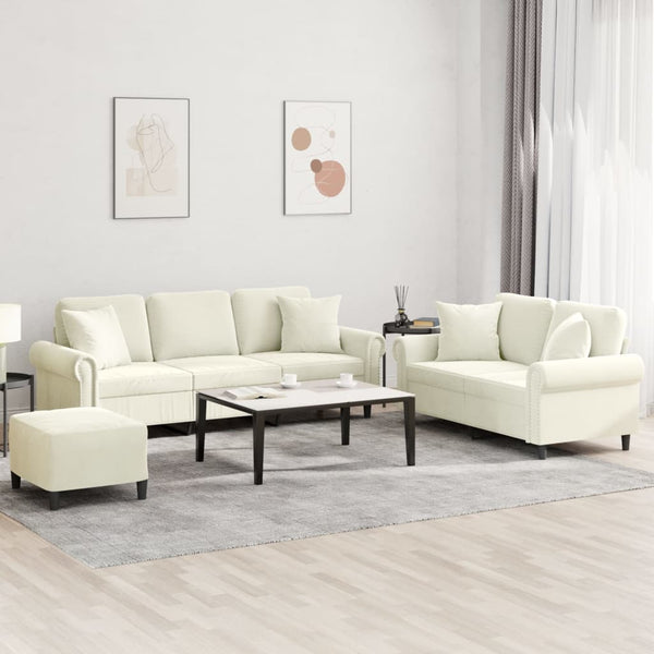 3-tlg. Sofagarnitur Creme Samt mit Kissen