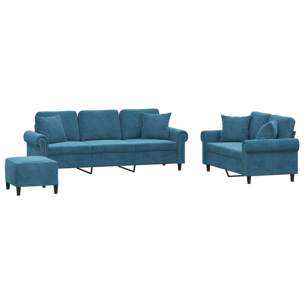 3-tlg. Samt Sofagarnitur Blau mit Kissen