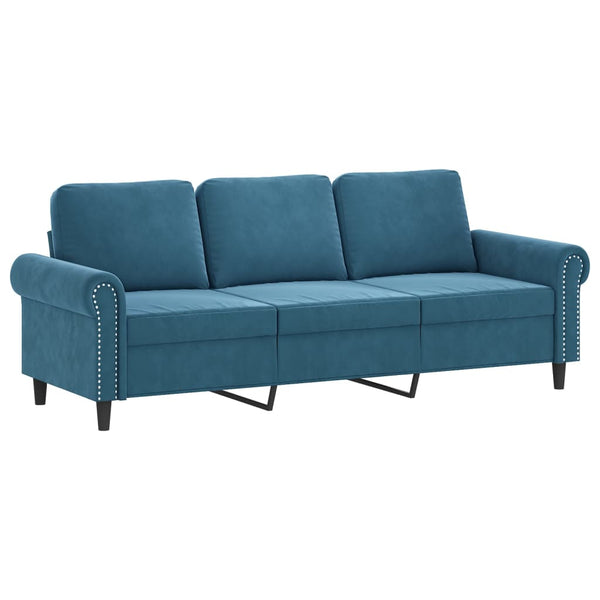 3-tlg. Samt Sofagarnitur Blau mit Kissen
