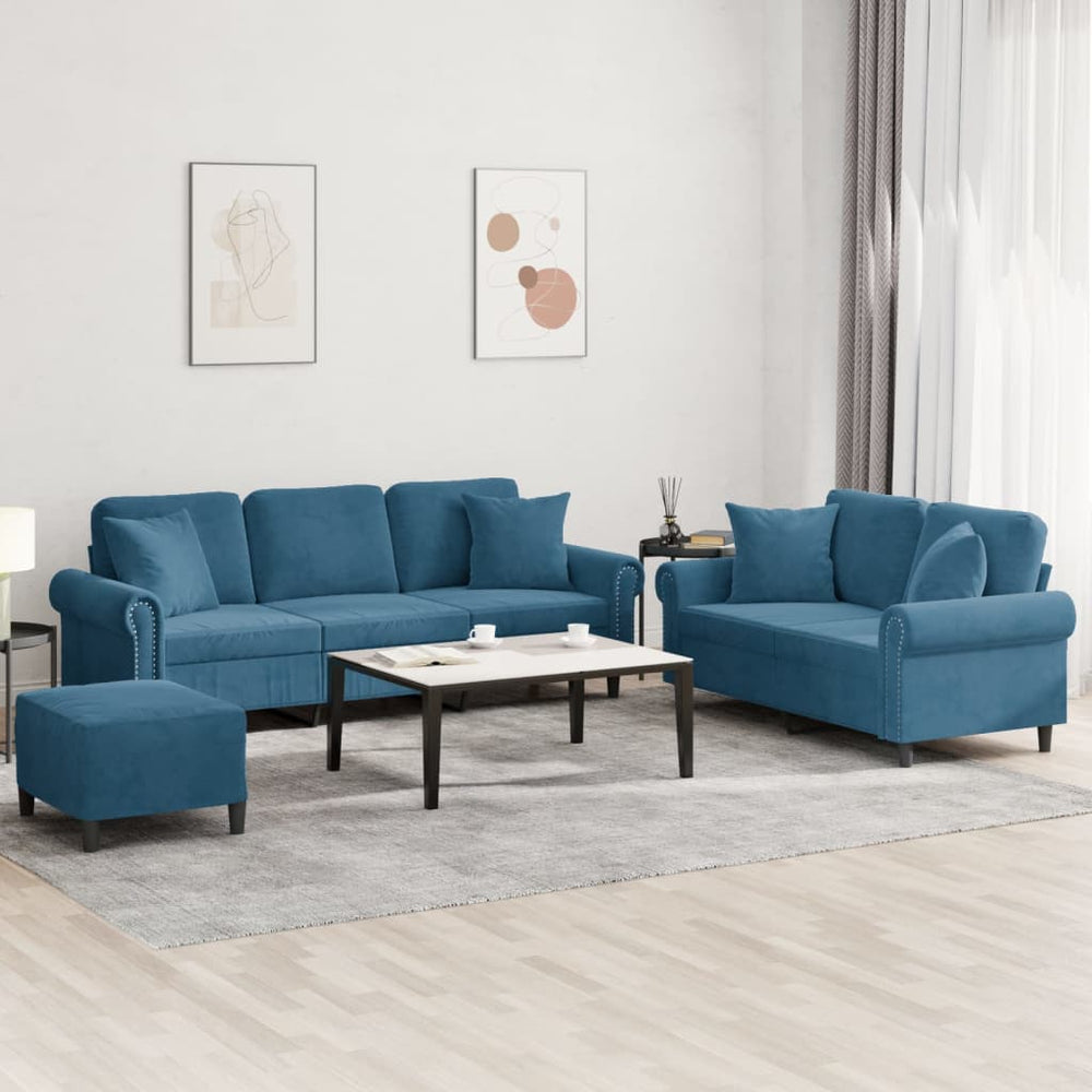 3-tlg. Samt Sofagarnitur Blau mit Kissen