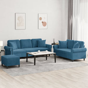 3-tlg. Samt Sofagarnitur Blau mit Kissen
