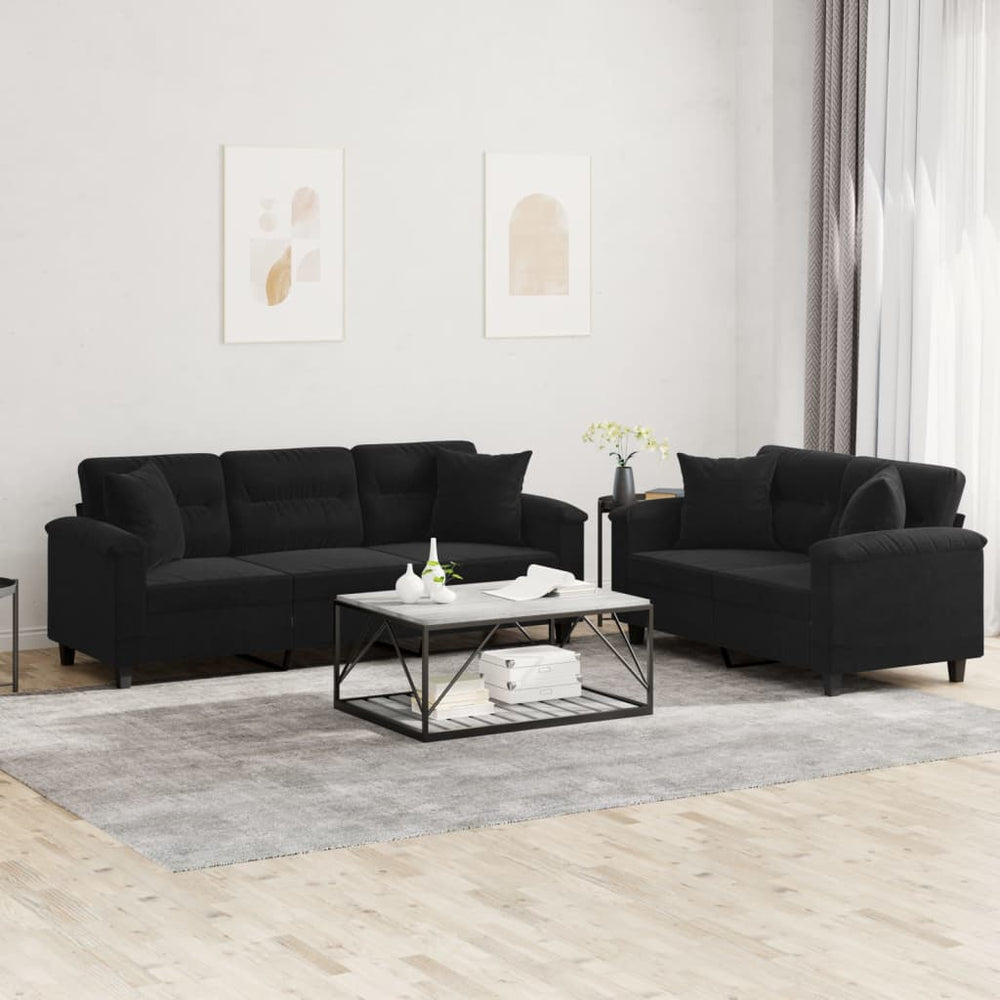 2-tlg. Sofa Set mit Kissen Schwarz Mikrofaser
