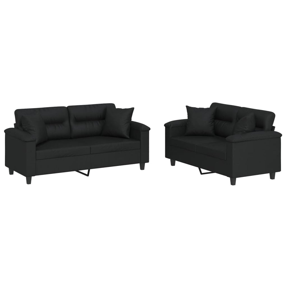 2-teilige Sofagarnitur mit Kissen, Schwarz Kunstleder
