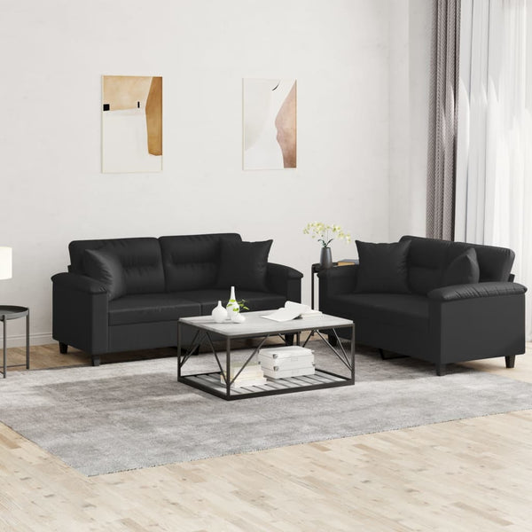 2-teilige Sofagarnitur mit Kissen, Schwarz Kunstleder