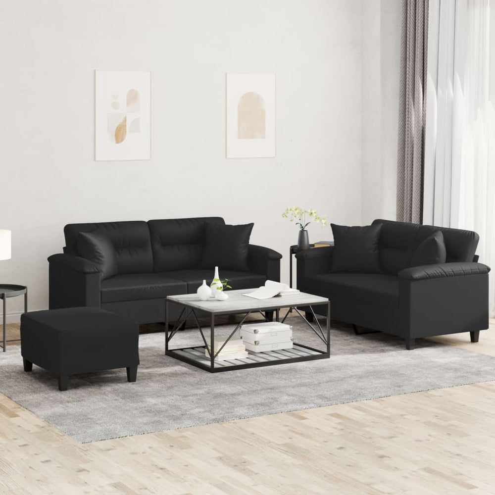 3-tlg. Sofa-Garnitur Schwarz Kunstleder