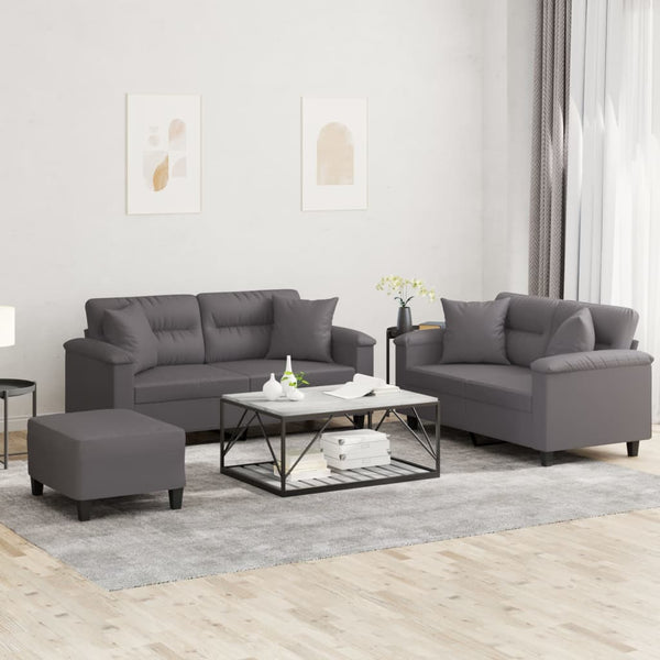 vidaXL 3-Piece Sofa Set with Cushions Grey Artificial Leather