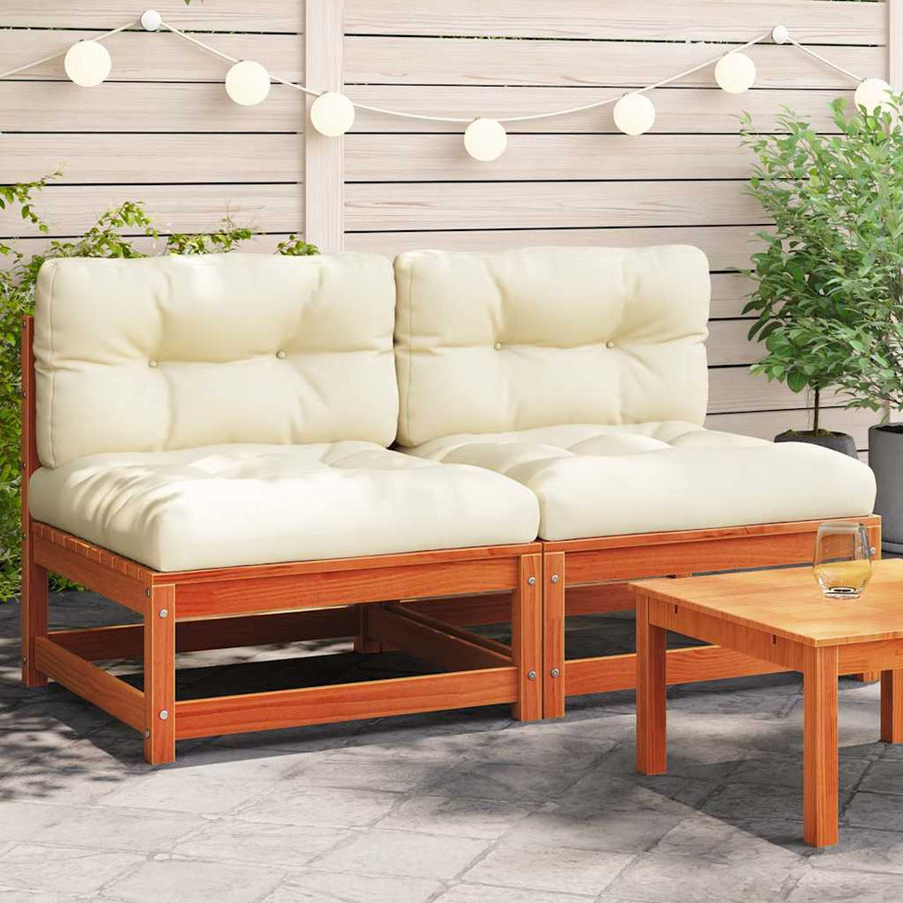 vidaXL Canapés de jardin sans accoudoirs avec coussins 2 pcs marron ciré bois