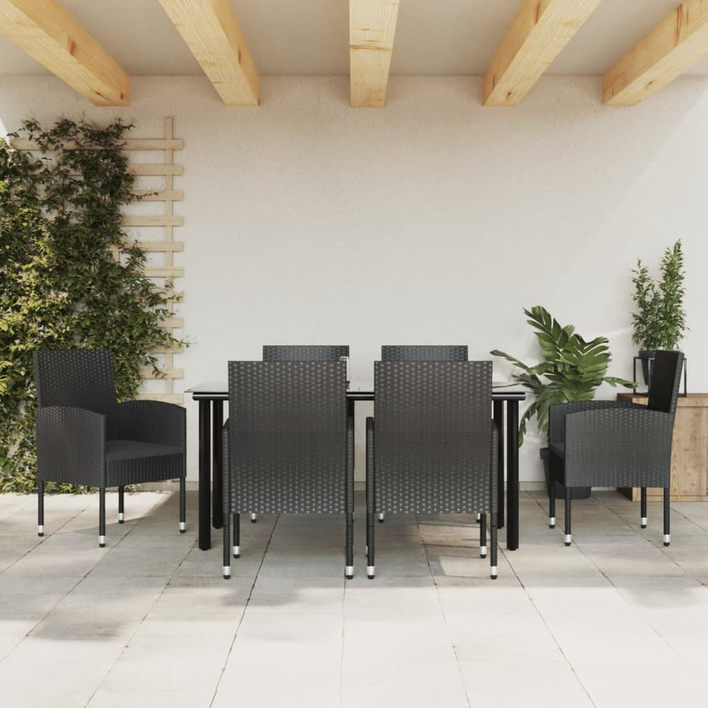 7-teilige Garten Essgruppe Schwarz Poly Rattan