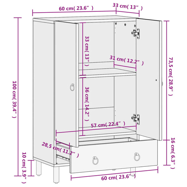 Highboard Mango Massivholz 60x33x100 cm