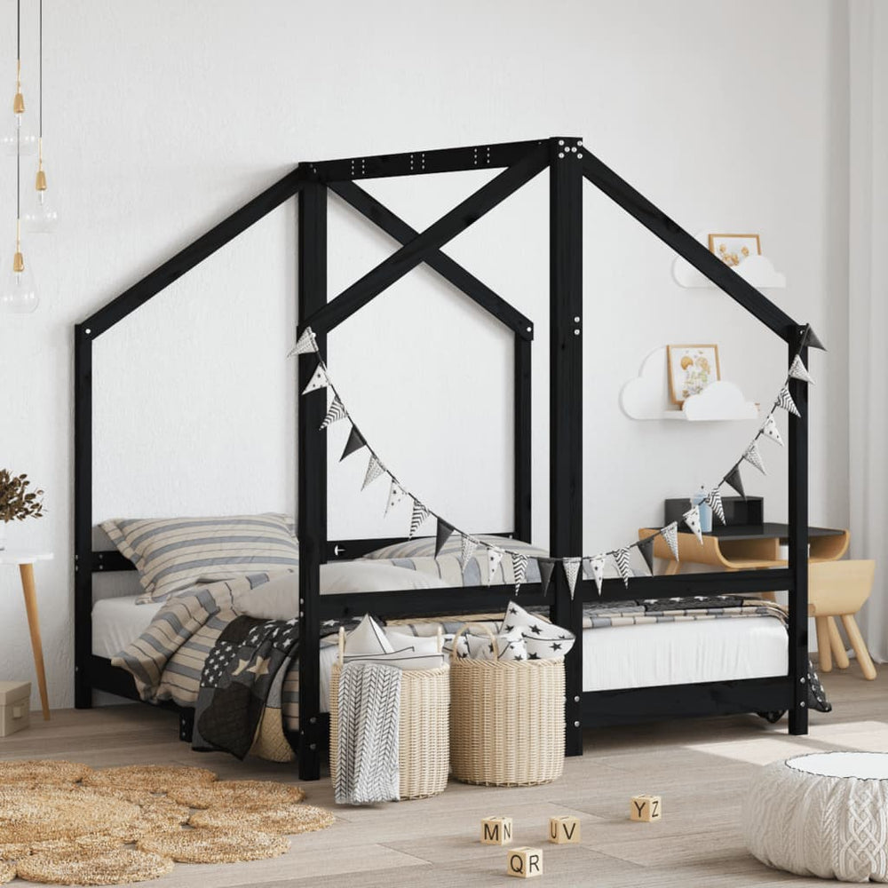 Schwarzes Kinderbett 70x140 cm Kieferholz
