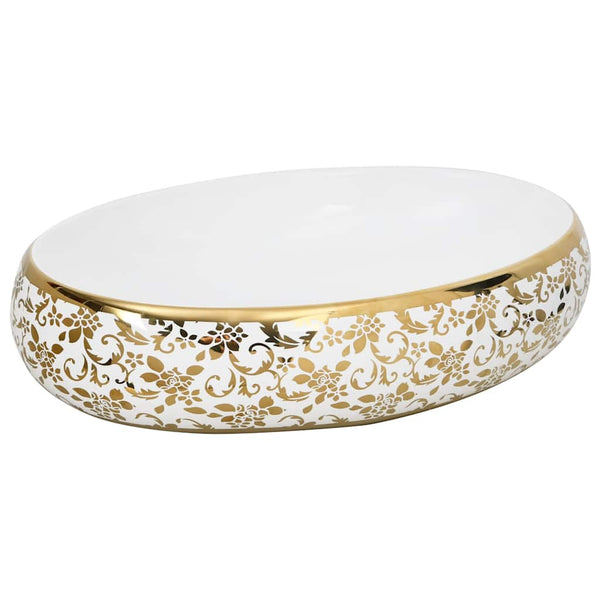 vidaXL Lavabo à poser ovale blanc et doré 59x40x15 cm en céramique