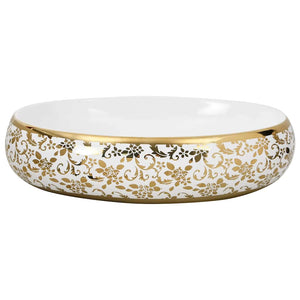 vidaXL Lavabo à poser ovale blanc et doré 59x40x15 cm en céramique