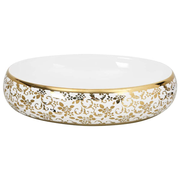 vidaXL Lavabo à poser ovale blanc et doré 59x40x15 cm en céramique