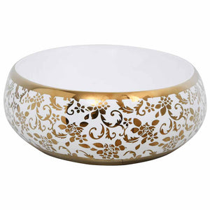 vidaXL Lavabo à poser ovale blanc et doré 59x40x15 cm en céramique