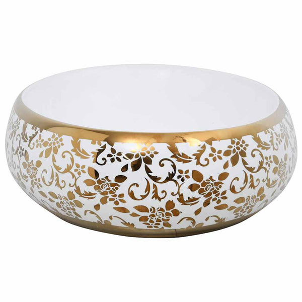 vidaXL Lavabo à poser ovale blanc et doré 59x40x15 cm en céramique